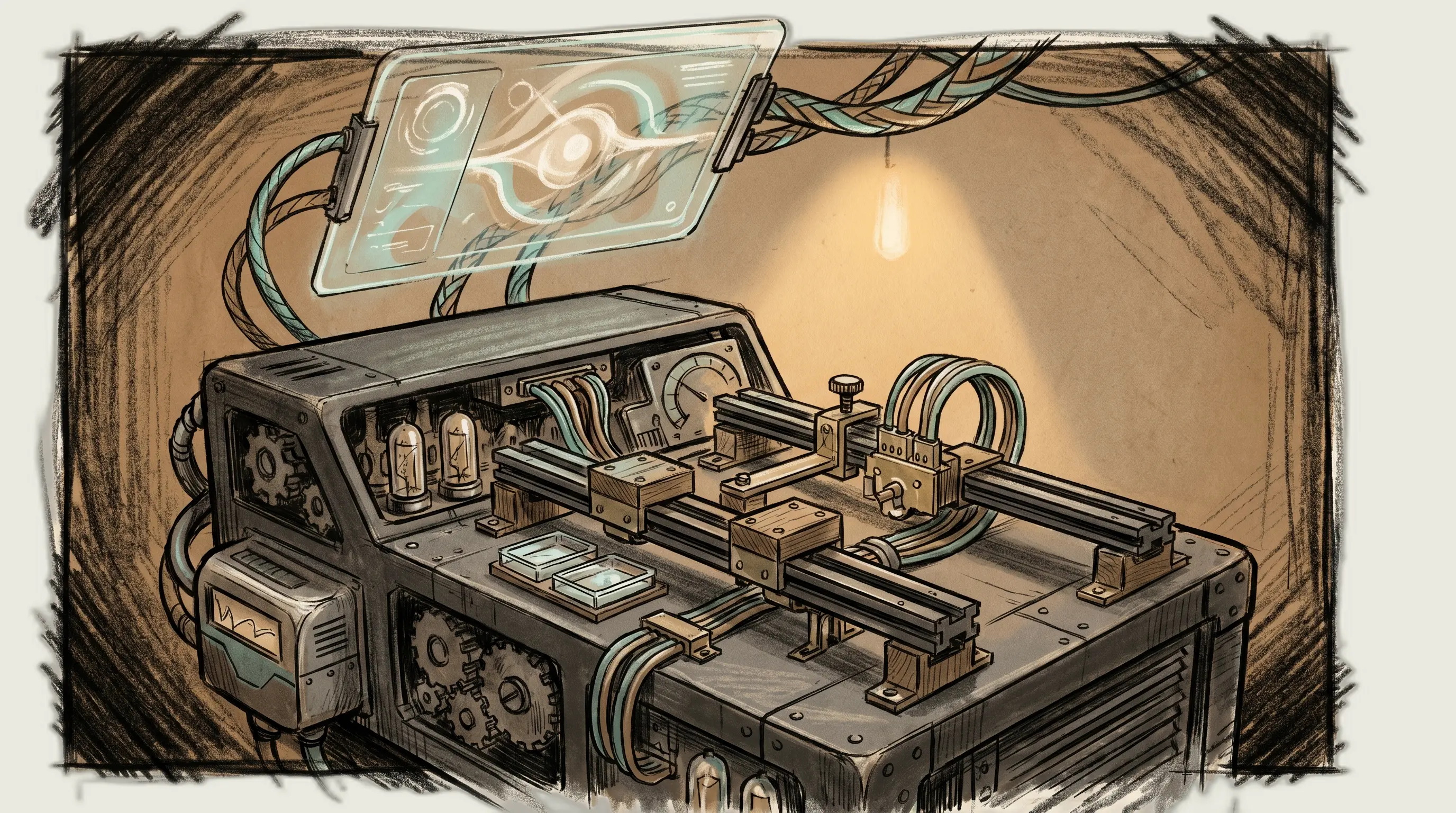 Charcoal architectural illustration of a modular workflow jig attached to a personal AI operating chassis, with phase blocks, validation gates, artifact trays, and routed signal lines.