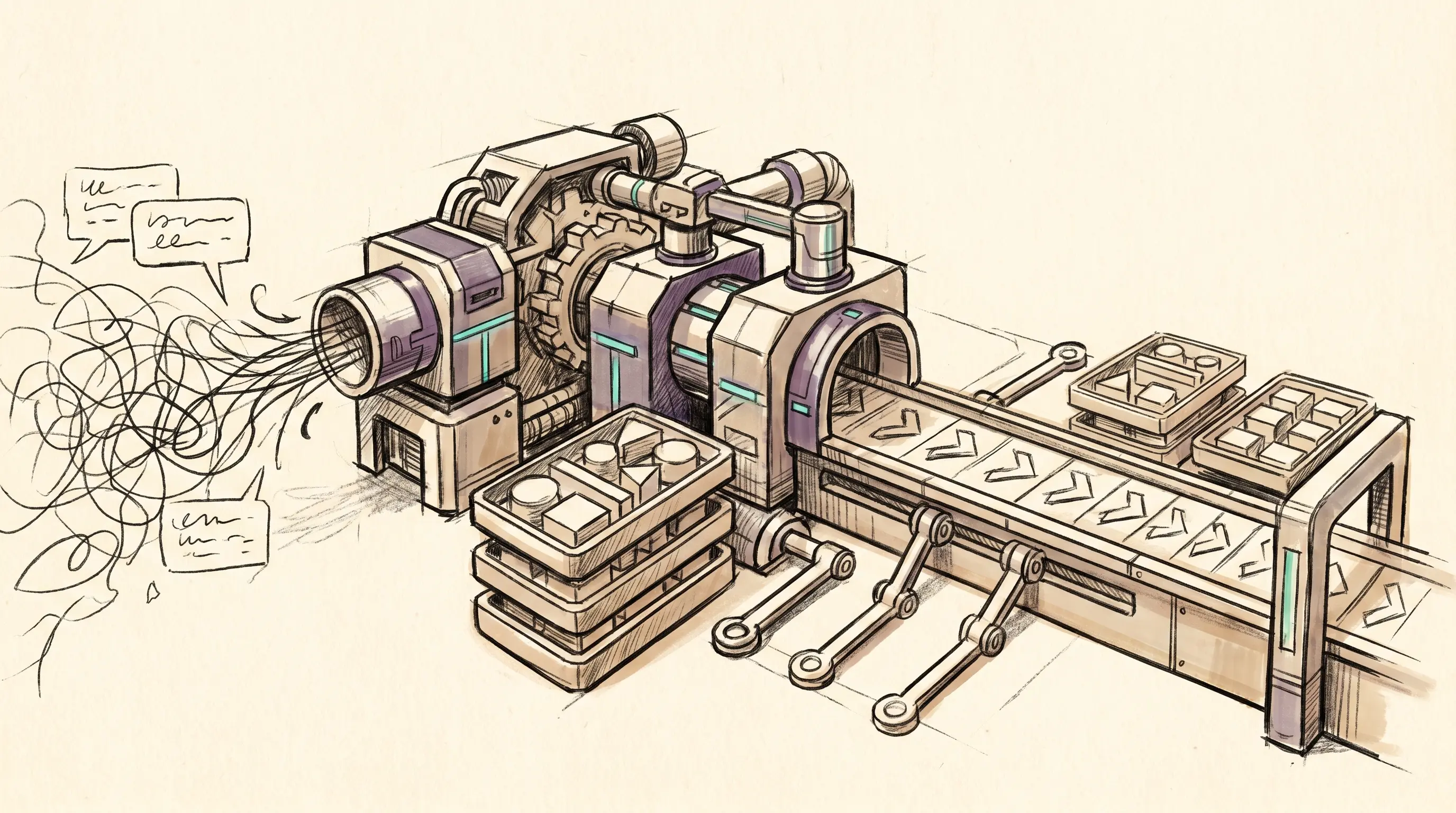 Charcoal concept illustration of loose chat fragments being pulled into a fixed workflow workbench with phase blocks, validation gates, artifact trays, and reusable rails.