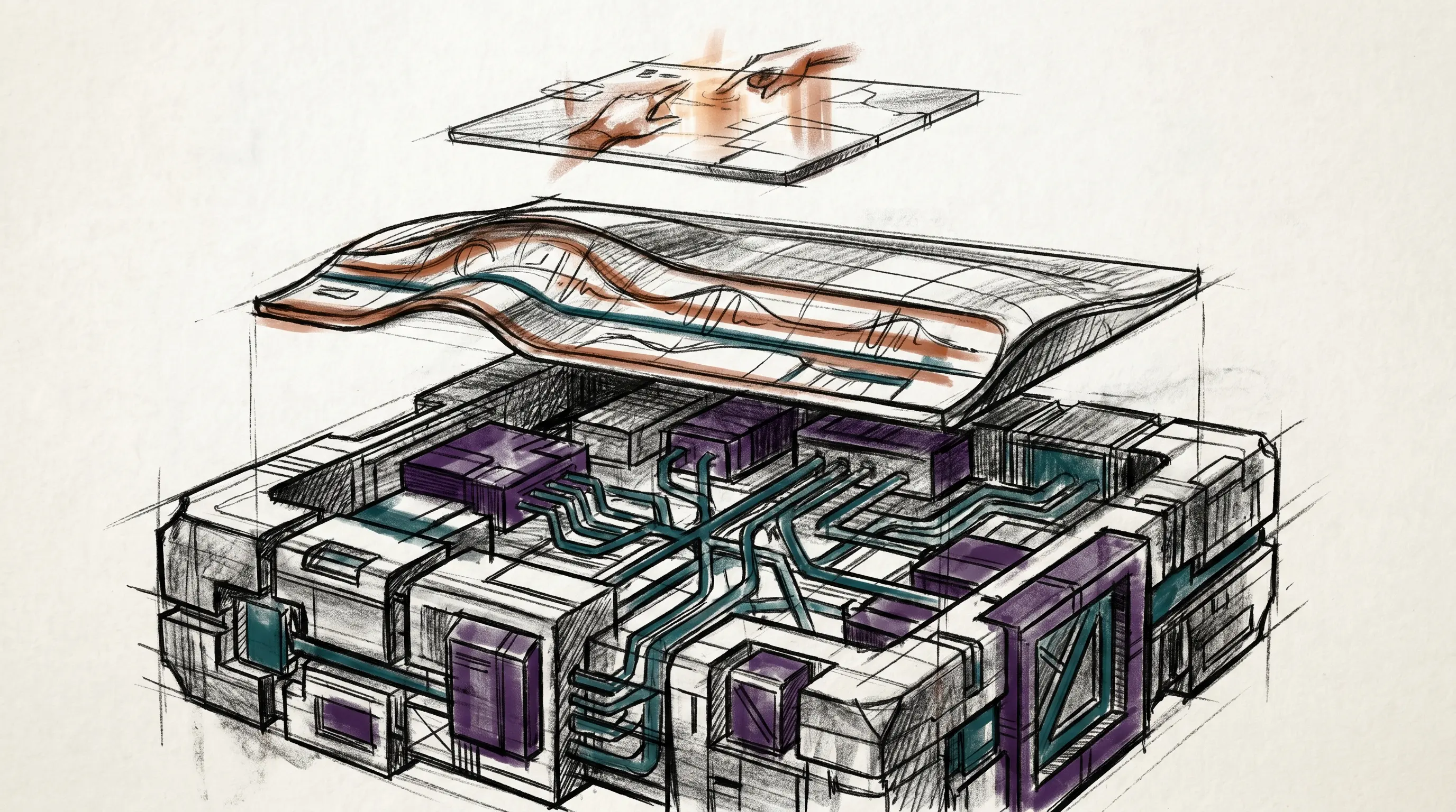 Charcoal architectural cutaway showing the DA interface, Pulse runtime, and PAI chassis as stacked operating layers.