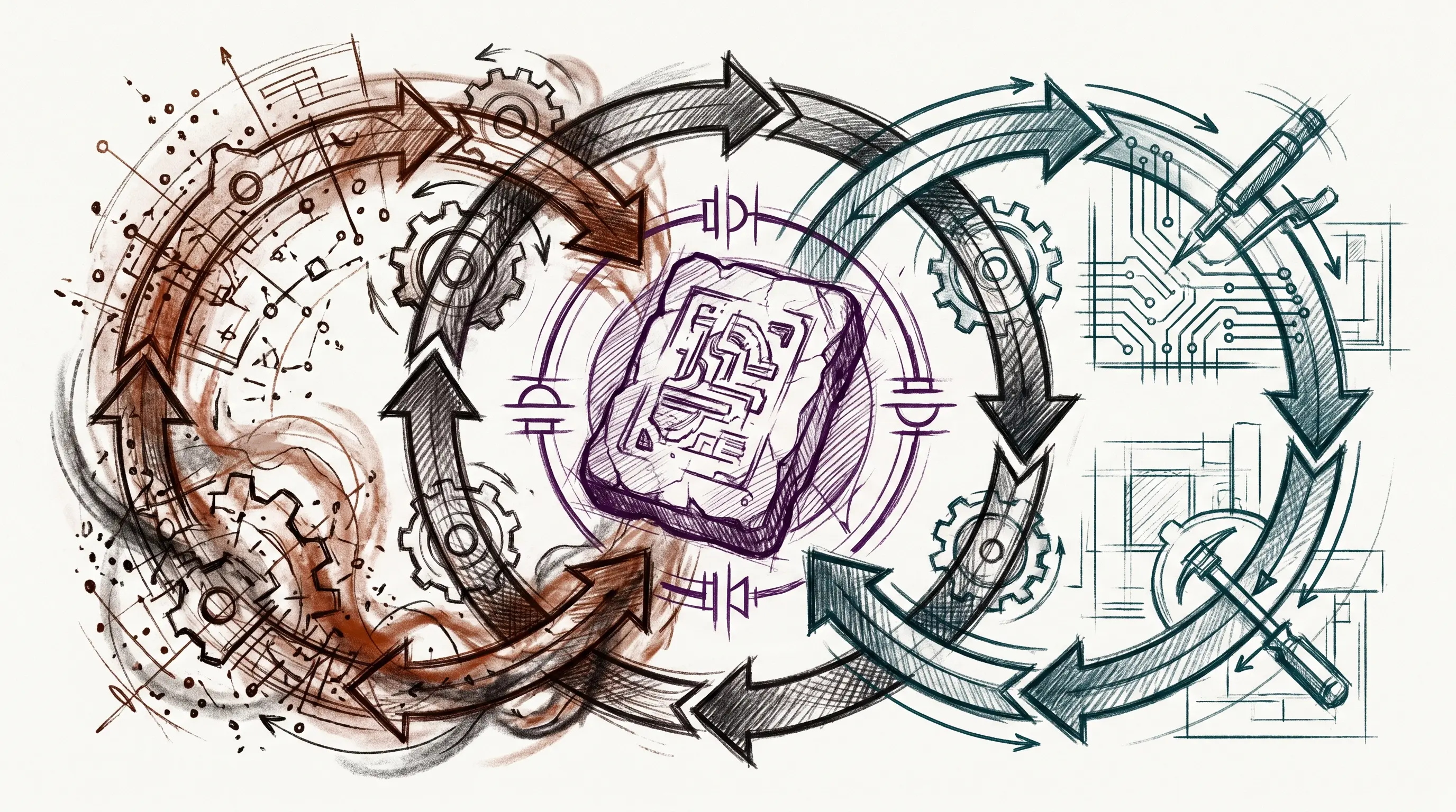 Charcoal concept illustration of a verified work loop orbiting a central record and execution surface.