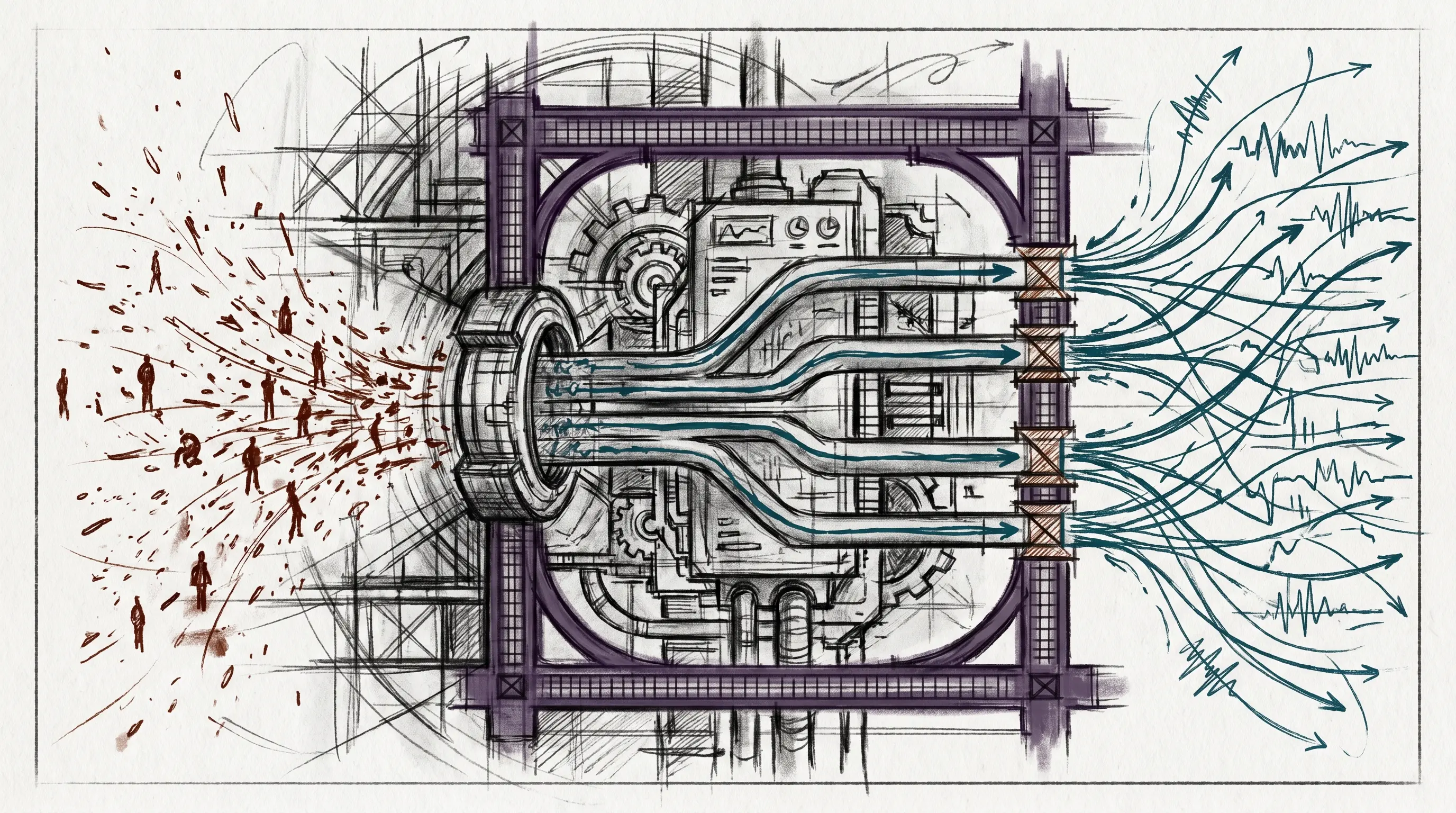 Charcoal concept illustration of runtime automation, external routing, and control surfaces held inside a defined boundary.