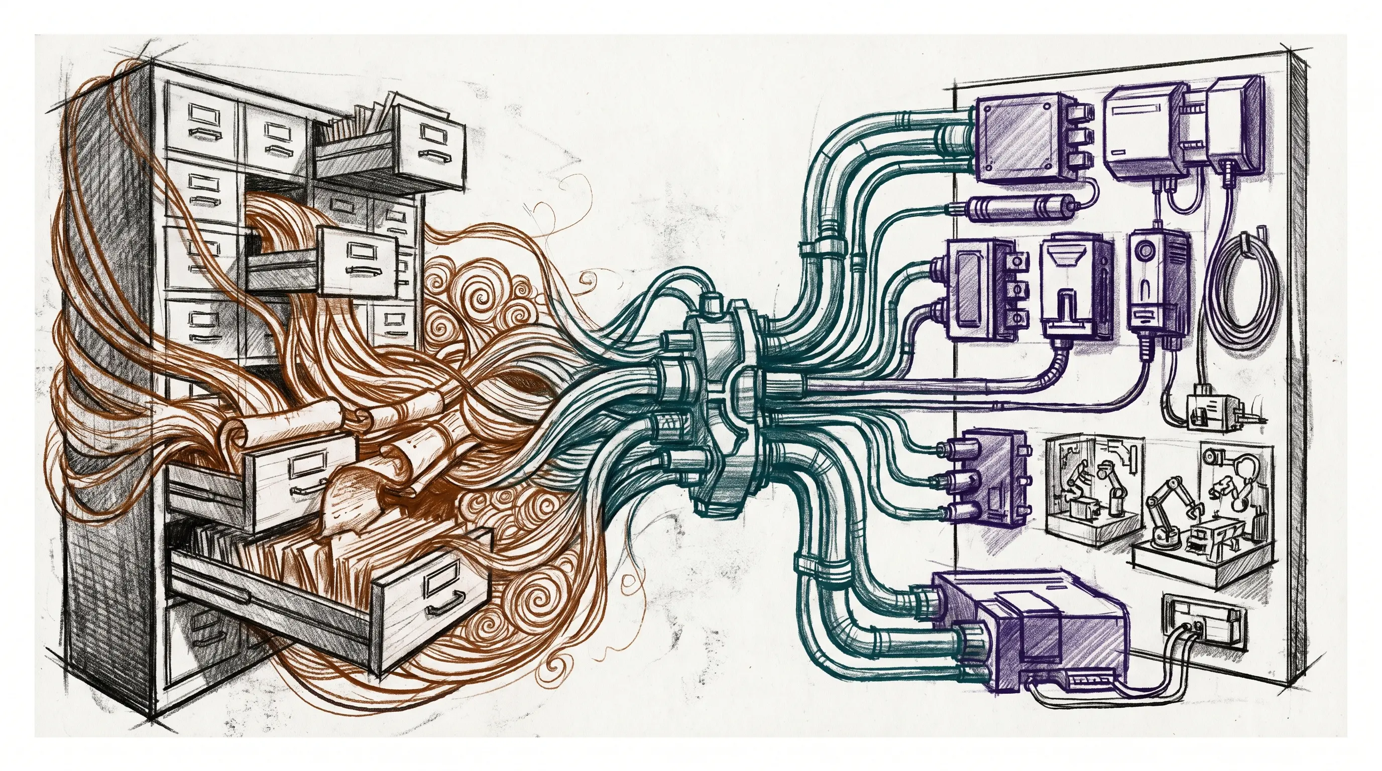 Charcoal concept illustration connecting structured memory drawers to tools, skills, agents, and execution paths.