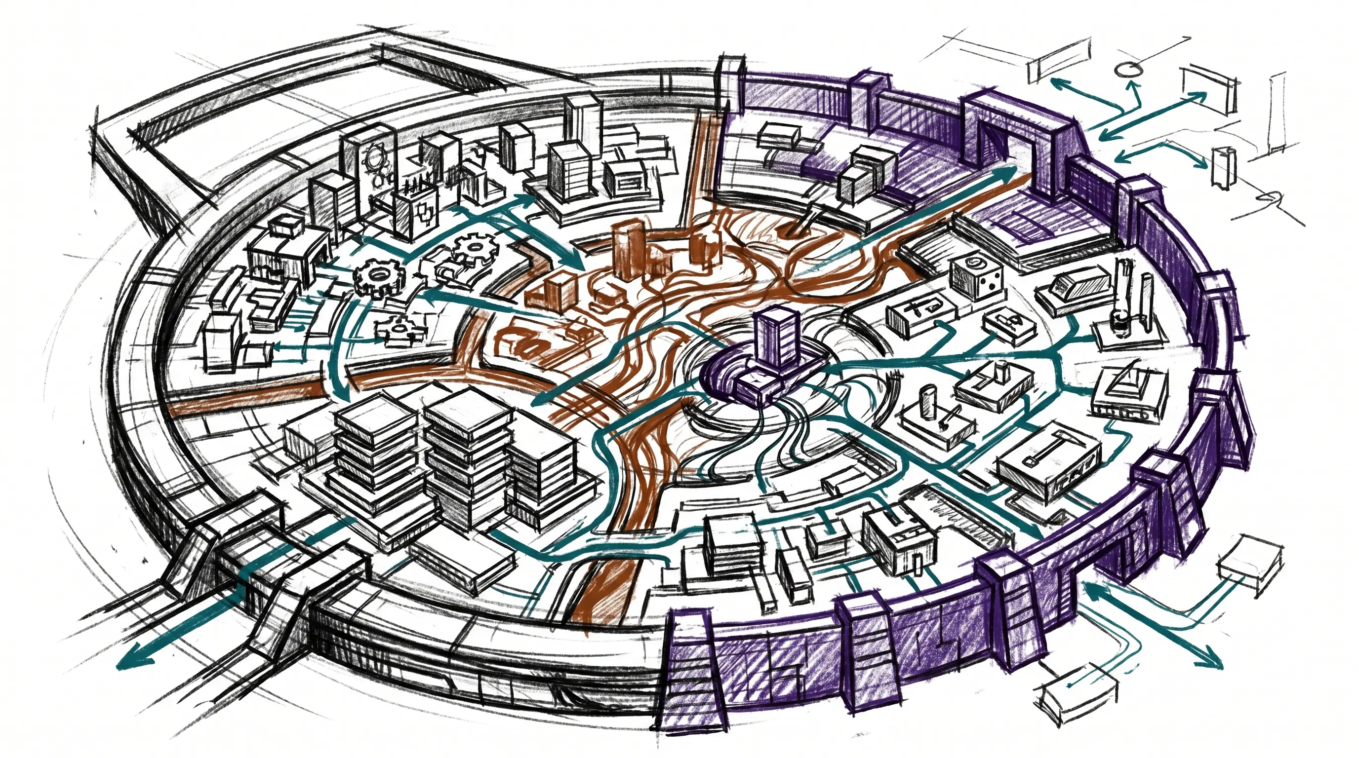Charcoal atlas illustration mapping PAI subsystems as a coordinated territory of memory, runtime, tools, boundaries, and external inputs.