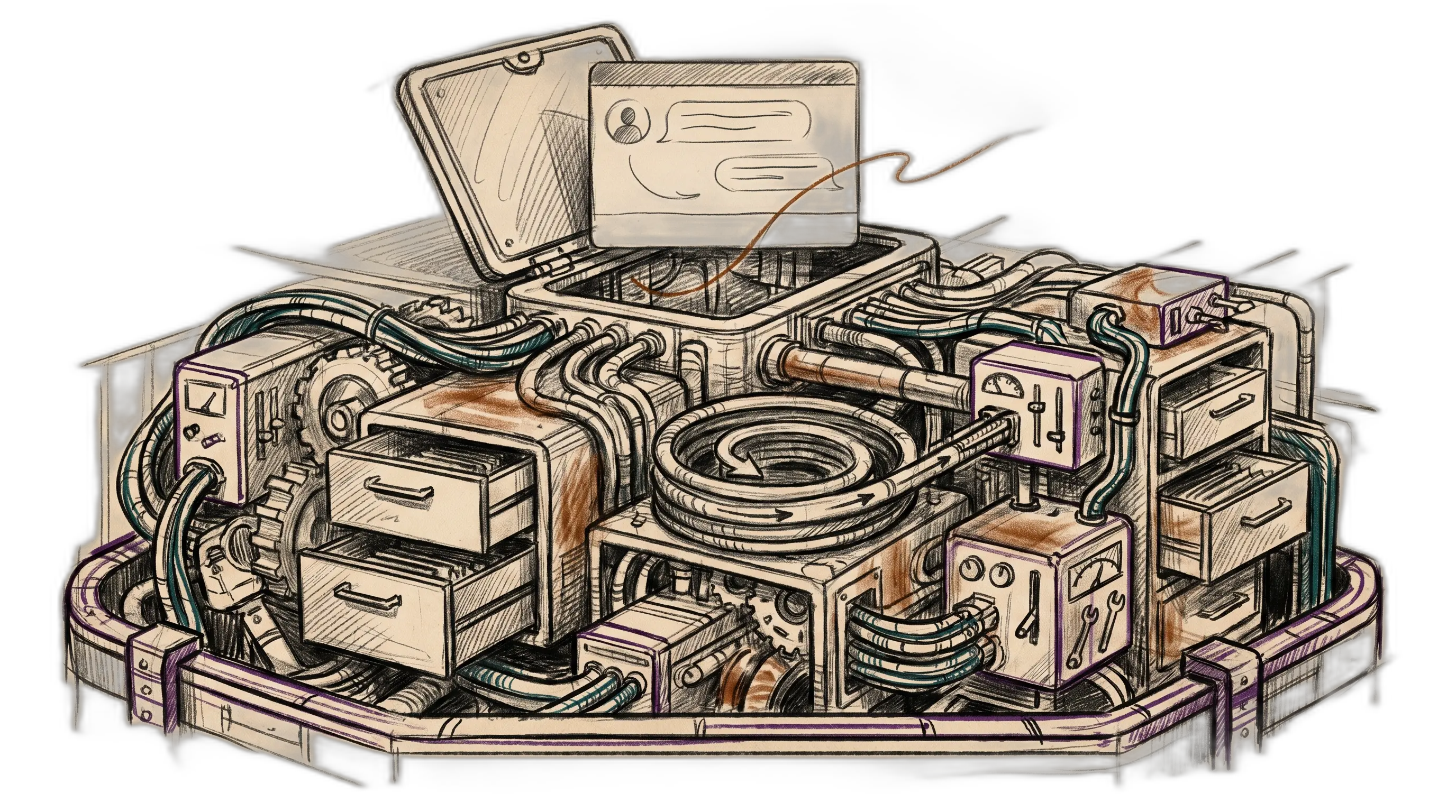 Charcoal architectural illustration of a small assistant interface lifted above a dense personal AI operating chassis of memory drawers, routing lines, tools, and control modules.